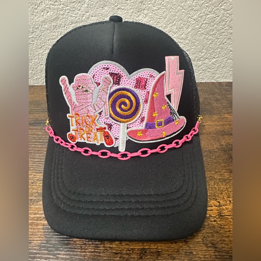 Black Halloween Themed Trucker Hat with Pink Accents